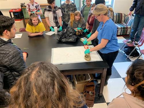 Students and teacher with horse hoof 