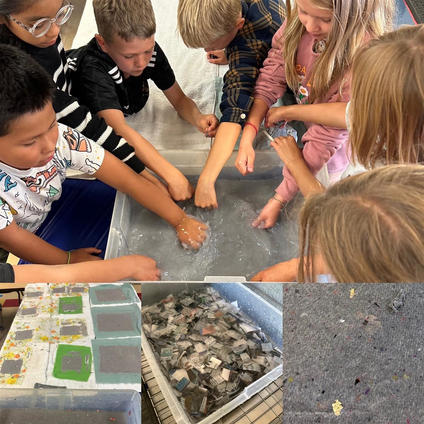 students playing with pulp and sheet of paper drying